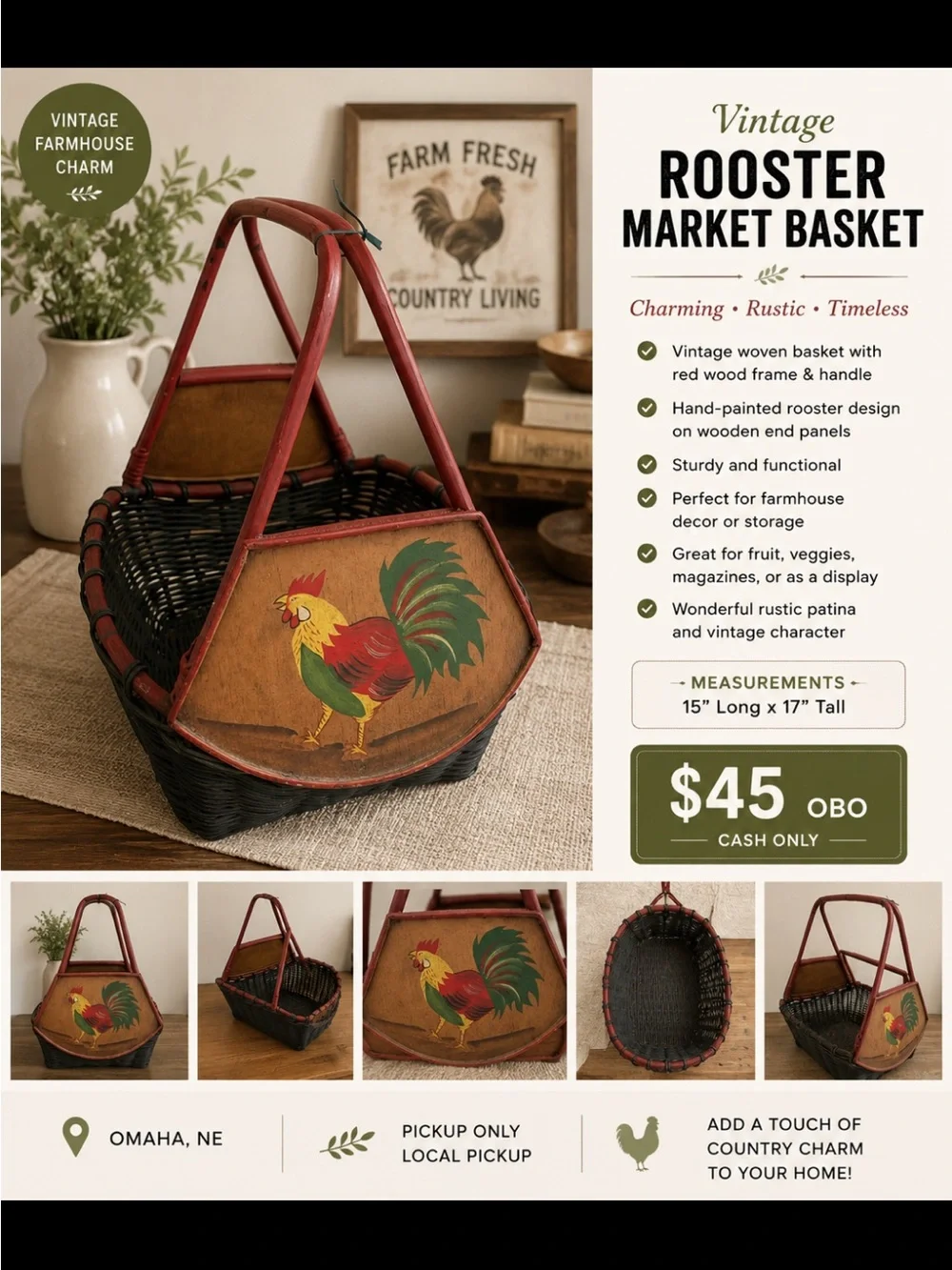 Vintage Rooster Market Basket - Red & Black